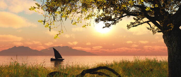 3D landscape with boat on river