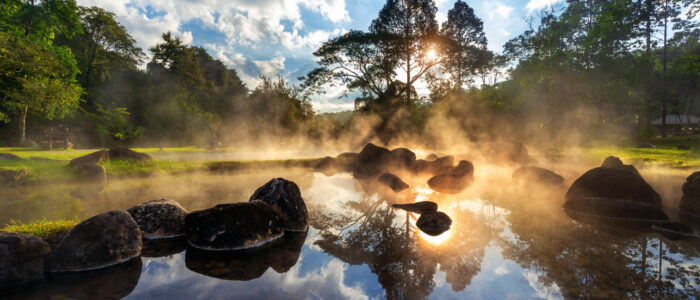 Chae Son Hot Spring National Park at sunrise in Lampang province